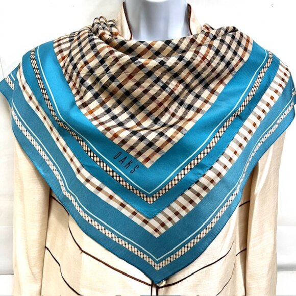 Unused- DAKS LONDON 100% Silk Satin Blue Brown Beige Checked Print 34"x34"( 48) - Picture 1 of 11